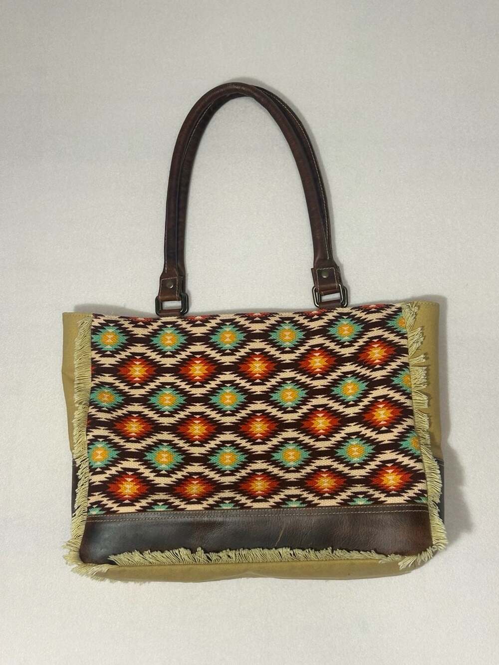 American Bison Canvas and Leather Southwestern Aztec Tote Handbag